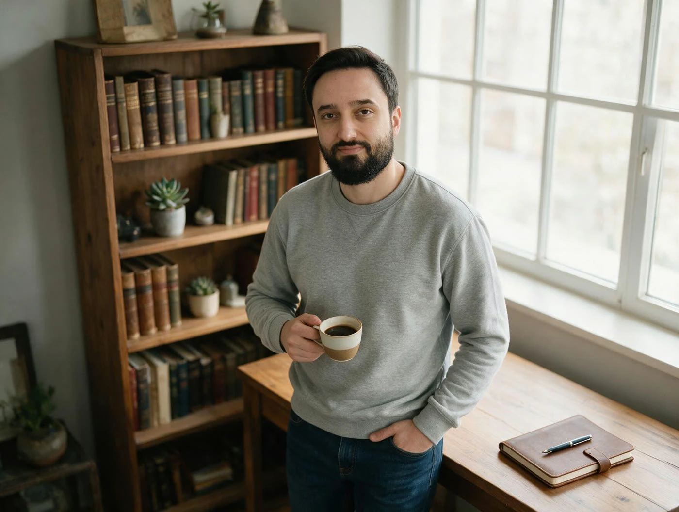 Leandro Oliveira de pé ao lado de uma estante de livros, com caderno e caneta sobre a mesa.